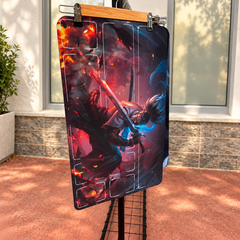 Yasuo Alevlerin Kılıcı desenli 2 mm dikişsiz playmat, p1006; ahşap askıda sergilenen kare ürün görseli.