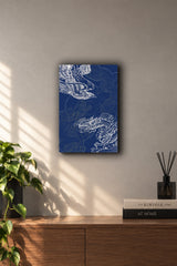 Japanese Dragon & Phoenix Blue Line Art Metal Duvar Tablosu