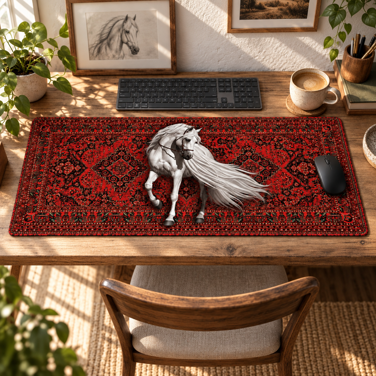 Beyaz At Vintage Halı Desenli Mouse Pad
