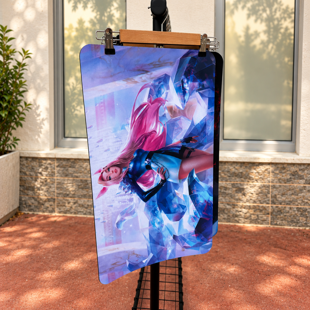 Ahri KDA Kristal Sahne desenli 2 mm dikişsiz playmat, p1015; ahşap askıda sergilenen kare ürün görseli.