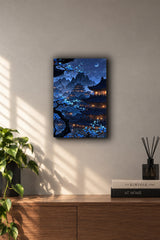 Blue Sakura Moonlit Japanese Pagoda Nightscape Metal Duvar Tablosu