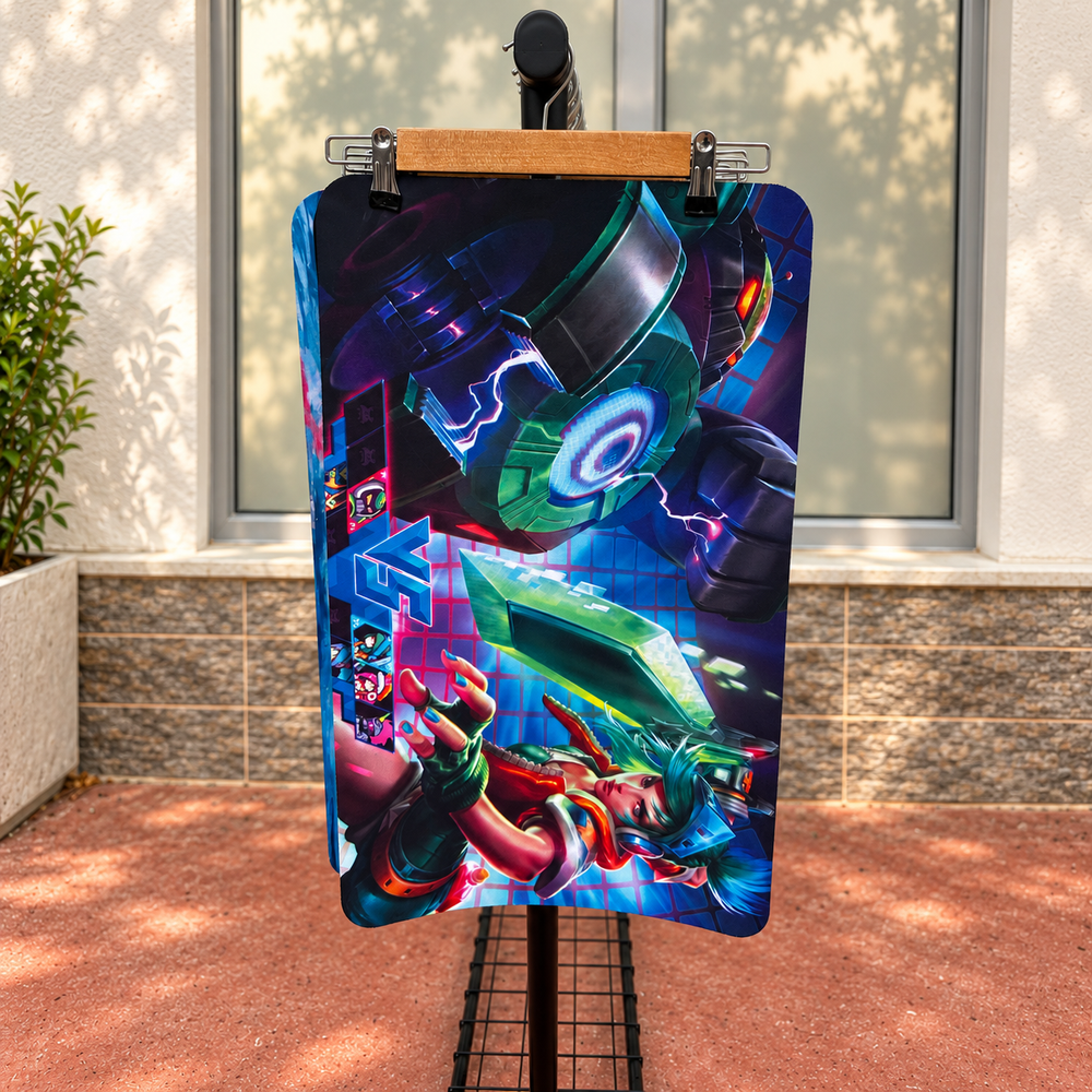 Arcade Riven ve Blitzcrank desenli 2 mm dikişsiz playmat, p1007; ahşap askıda sergilenen kare ürün görseli.