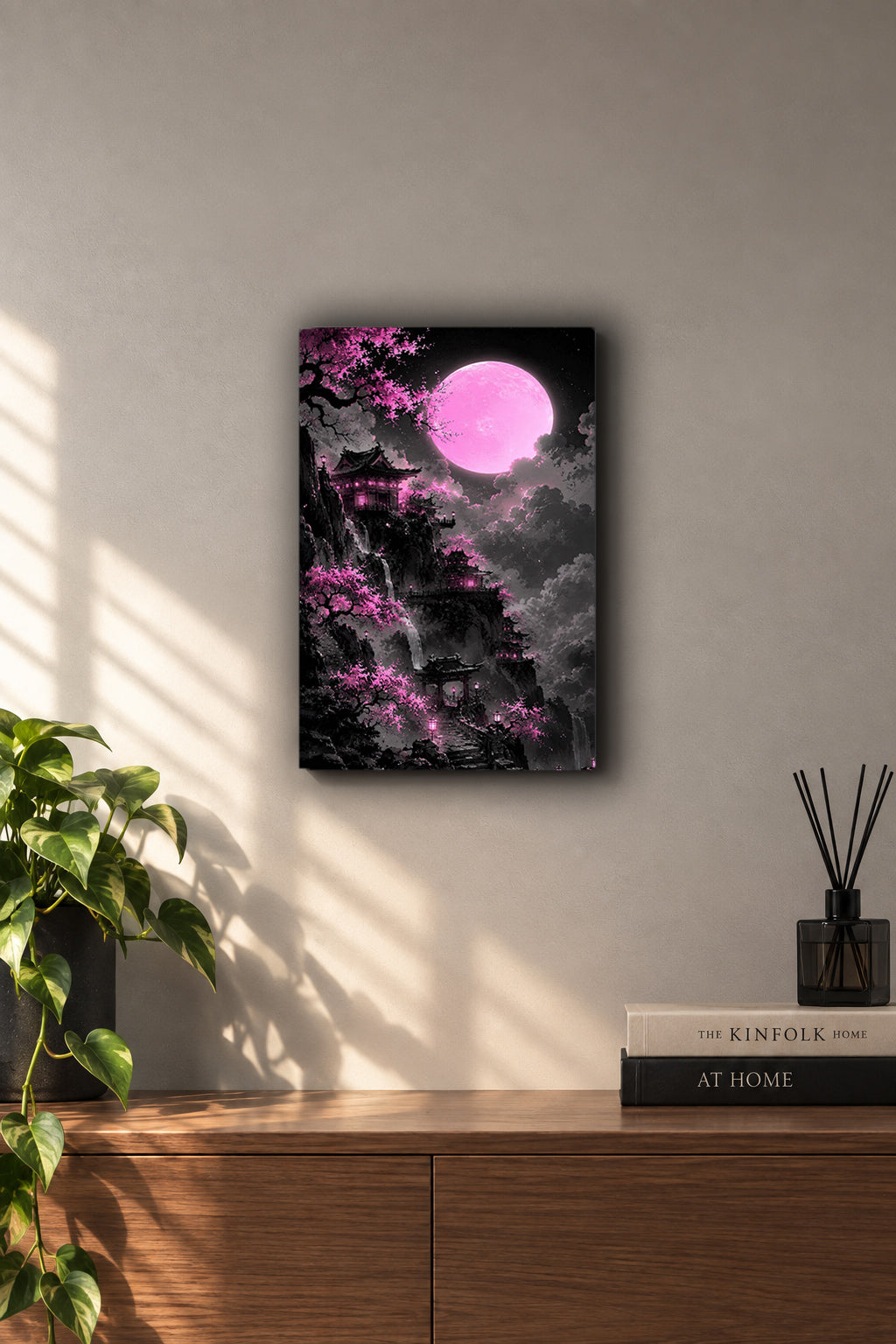 Japanese Pink Moon Pagoda Neon Sakura Metal Duvar Tablosu