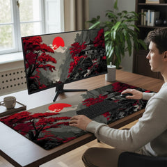 Japon Sanatı Temalı Büyük Boy Mouse Pad – Sakura Ağaçlı Minimal Tasarım