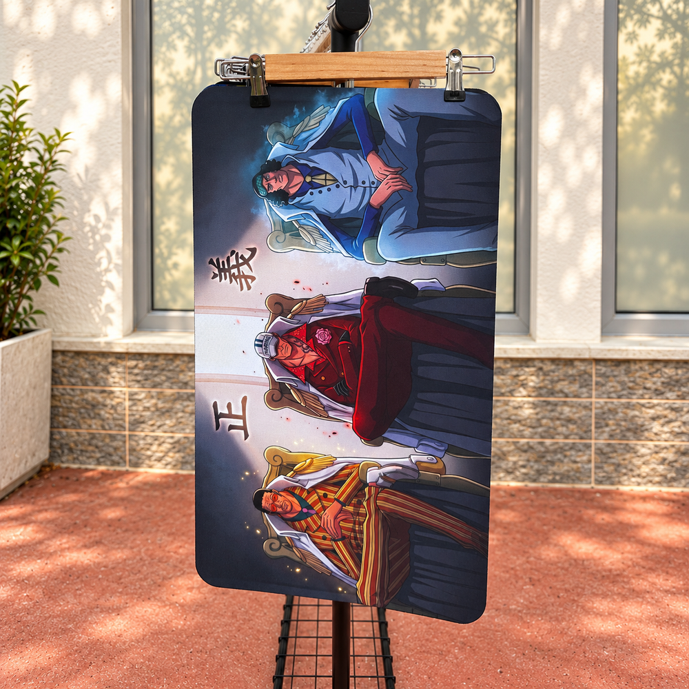 One Piece Üç Amiral desenli 2 mm dikişsiz playmat, p1001; ahşap askıda sergilenen kare ürün görseli.
