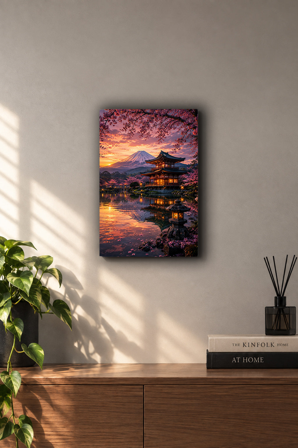 Japanese Sakura Temple Sunset Mount Fuji Metal Duvar Tablosu
