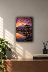 Japanese Sakura Temple Sunset Mount Fuji Metal Duvar Tablosu