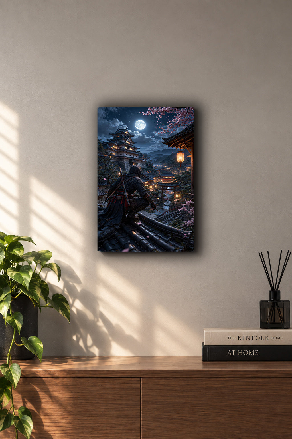 Shadow Shinobi Moonlit Japanese Castle Night Metal Duvar Tablosu