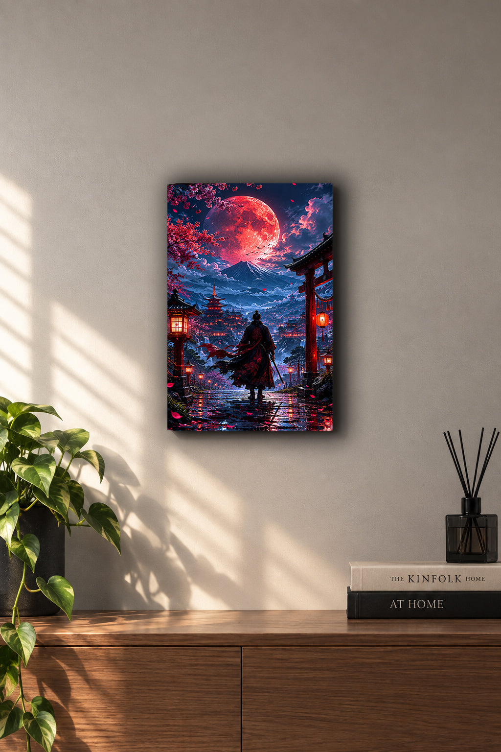 Blood Moon Samurai Torii Gate Japanese Nightscape Metal Duvar Tablosu