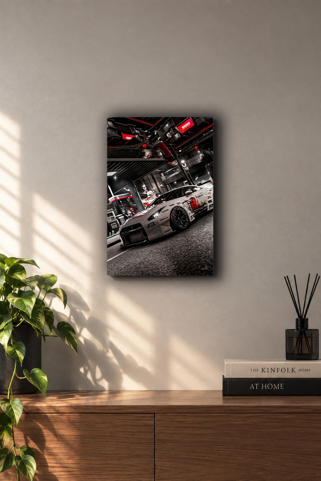 Nissan GT-R R35 Liberty Walk Night Gas Station Metal Duvar Tablosu
