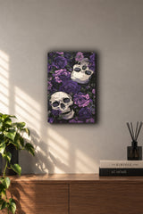 Purple Roses & Skulls Gothic Botanical Metal Duvar Tablosu