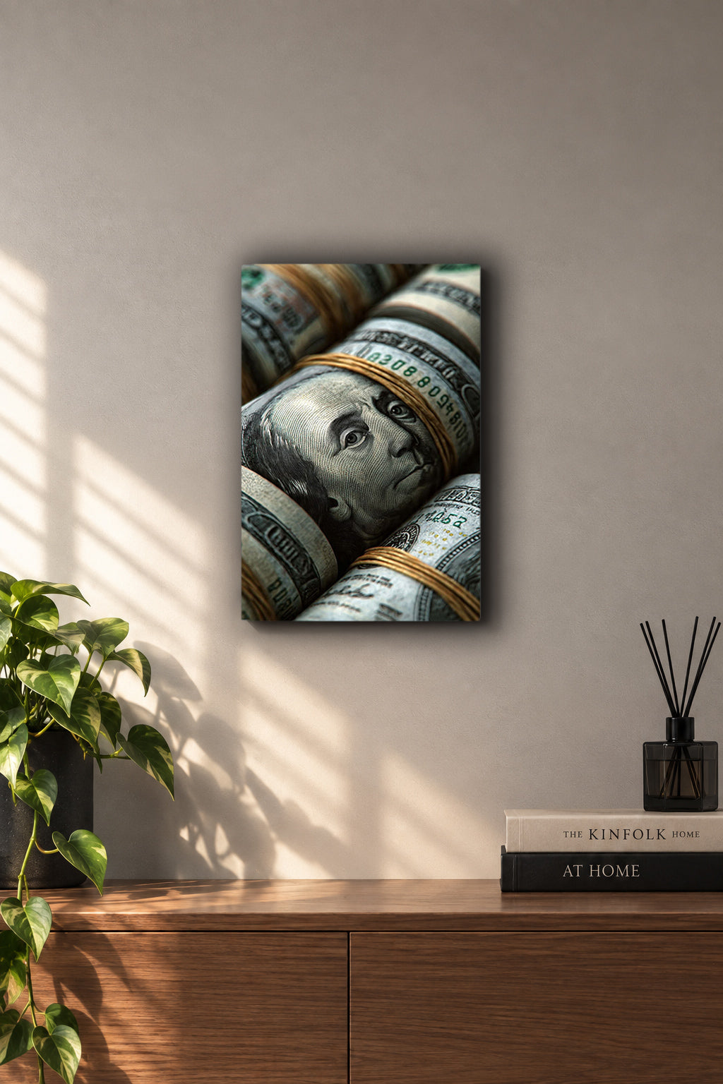 Benjamin Franklin Rolled 100 Dollar Bills Hustle & Money Metal Duvar Tablosu