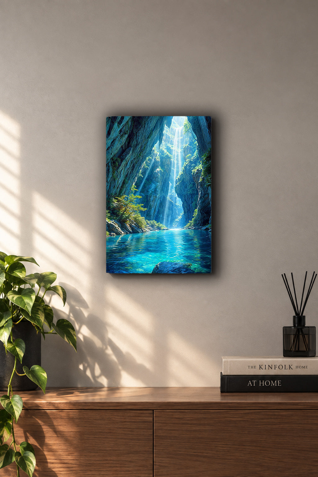 Secret Canyon Waterfall Sunbeams Metal Duvar Tablosu